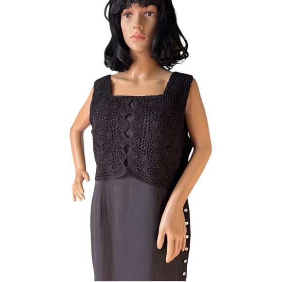 Vintage Cali Cali black Linen Crochet Sleeveless Maxi Dress button size 14 P - Picture 1 of 13